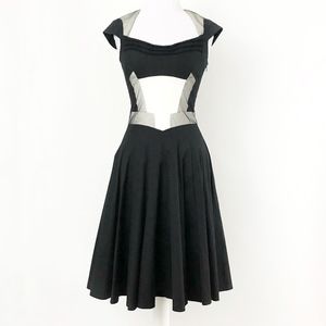 karen millen • black white sweetheart neck graphic panel fit flare mesh dress